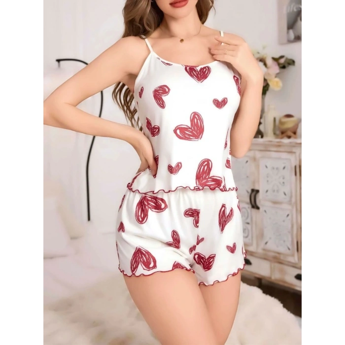 Kadın Beyaz Kalp Desenli Şortlu Gecelik Pijama Takımı Sevimli Rahat 2’li Set