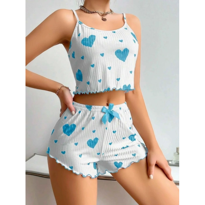 Kadın Beyaz Mavi Kalp Desenli Askılı Şortlu Pijama Takımı Rahat Şık 2’li Set