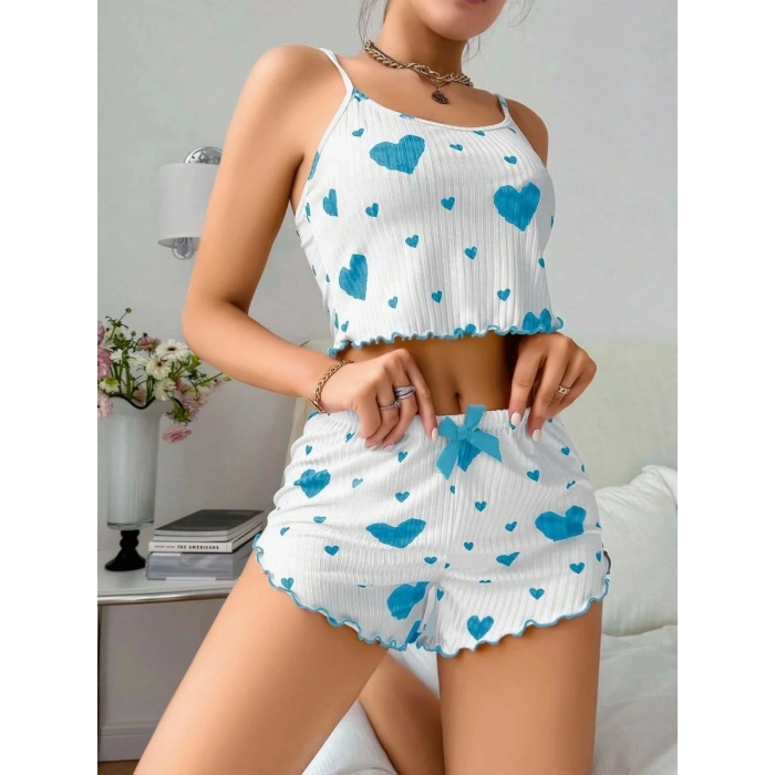 Kadın Beyaz Mavi Kalp Desenli Askılı Şortlu Pijama Takımı Rahat Şık 2’li Set