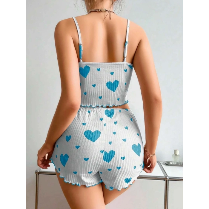Kadın Beyaz Mavi Kalp Desenli Askılı Şortlu Pijama Takımı Rahat Şık 2’li Set