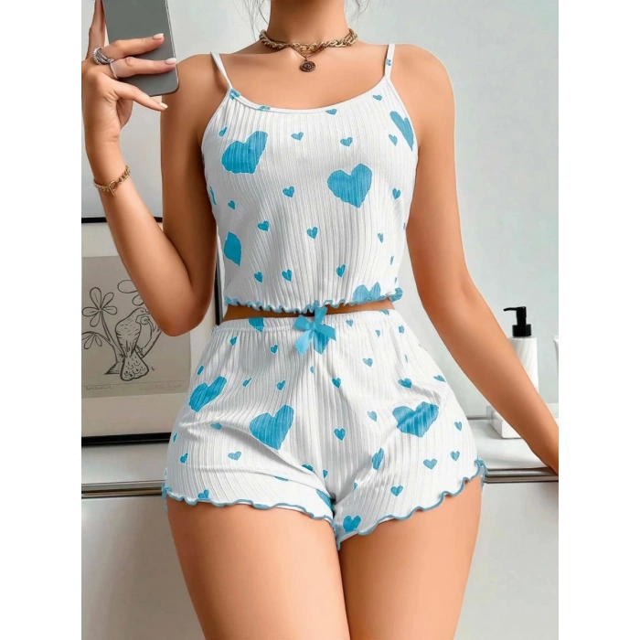 Kadın Beyaz Mavi Kalp Desenli Askılı Şortlu Pijama Takımı Rahat Şık 2’li Set