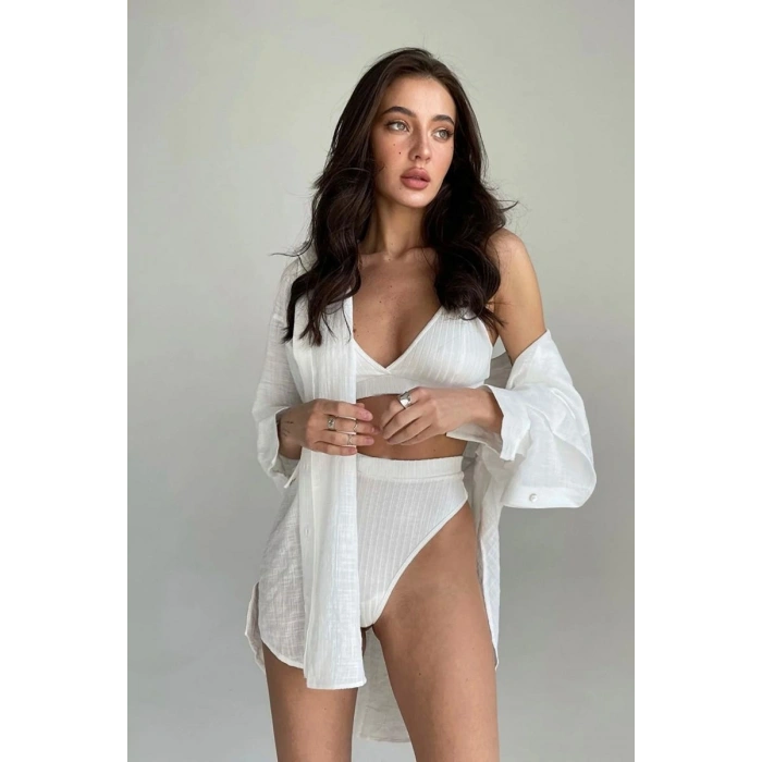 Kadın Beyaz Yüksek Bel Slip Takımı Dolgusuz Rahat Şık İç Giyim Seti
