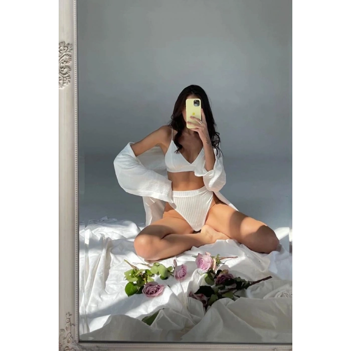Kadın Beyaz Yüksek Bel Slip Takımı Dolgusuz Rahat Şık İç Giyim Seti