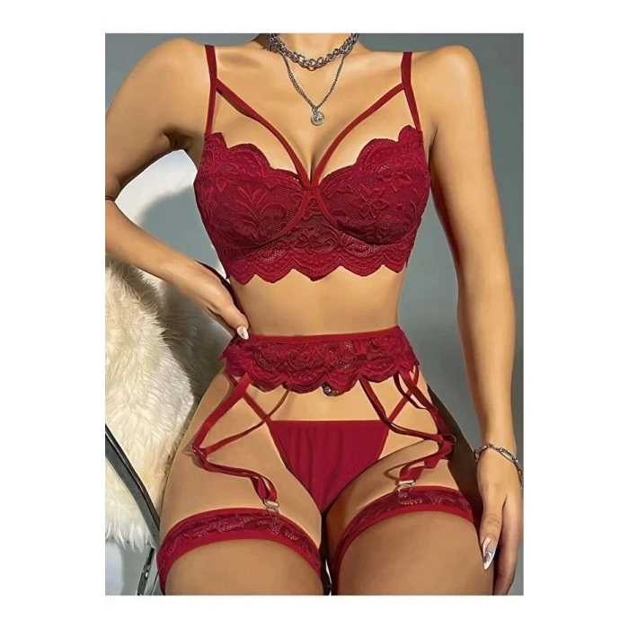 Kadın Bordo Dantel Detaylı Jartiyer Takım