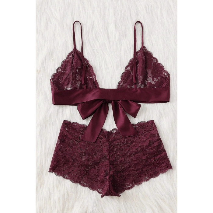Kadın Bordo Dantelli & Kurdelalı Sütyen Külot Takımı