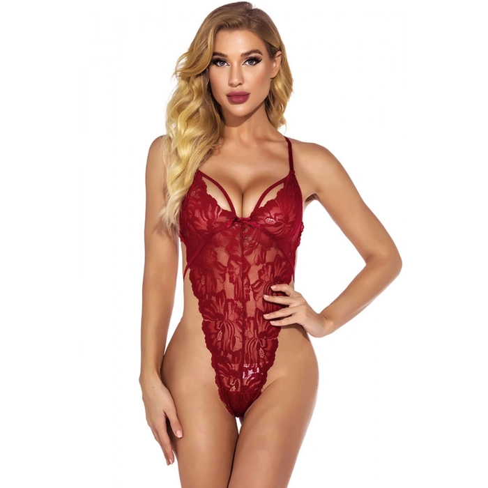 Kadın Bordo Dantelli, Tangalı Ve İp Askılı Şık İç Çamaşır Takımı