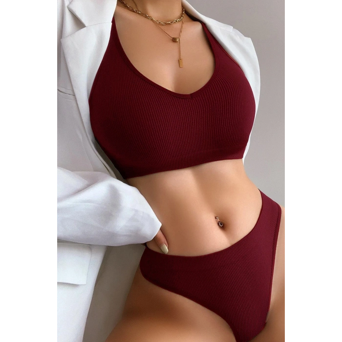 Kadın Bordo Desteksiz Seamless Tangalı İç Çamaşır Takımı