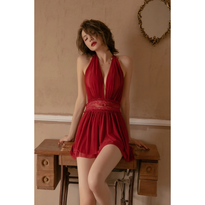 Kadın Bordo Sırtı Açık Beli Dantelli Gecelik Takım