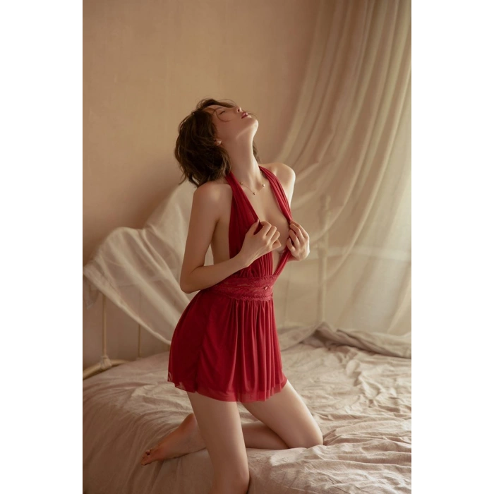 Kadın Bordo Sırtı Açık Beli Dantelli Gecelik Takım