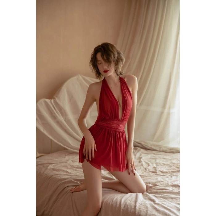 Kadın Bordo Sırtı Açık Beli Dantelli Gecelik Takım