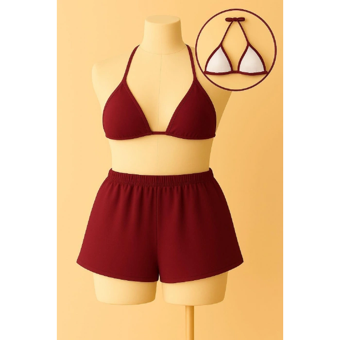Kadın Bordo Şortlu Belden Ve Boyundan Bağlamalı Bikini Takımı
