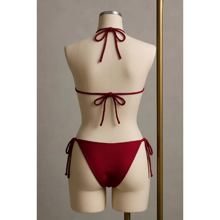 Kadın Bordo Yandan Ve Boyundan Bağlamalı Bikini Mayo Takımı