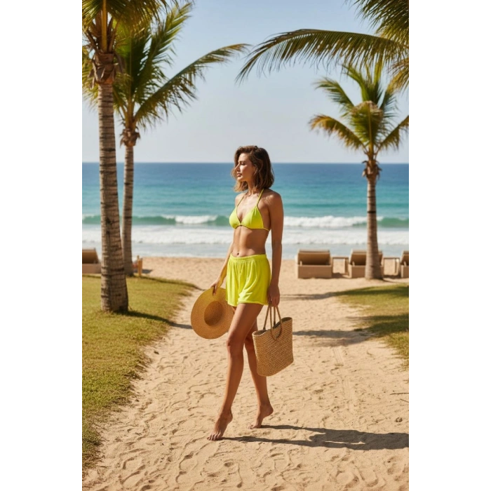 Kadın Fosforlu Şortlu Belden Ve Boyundan Bağlamalı Bikini Takımı