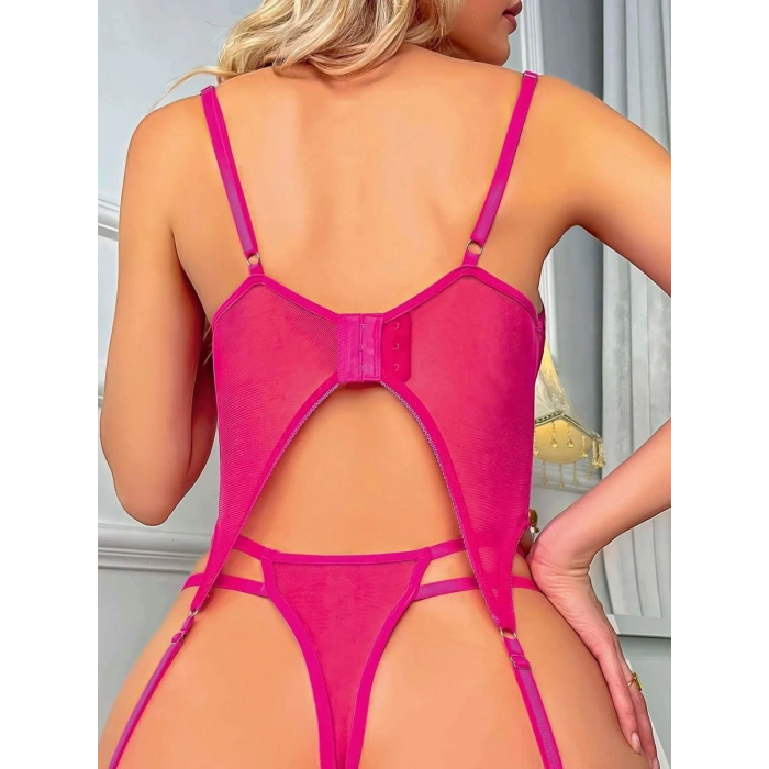 Kadın Fuşya Dantel Transparan Bodysuit 4’lü Takım Şık Tasarım