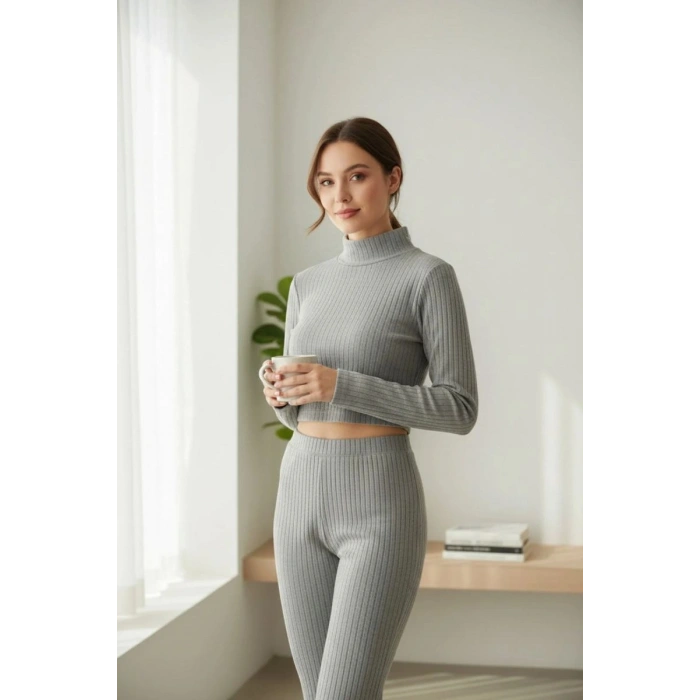Kadın Gri Fitilli Boğazlı Crop Üst İspanyol Paça Pantolon Eşofman Takımı Esnek 2’li Set
