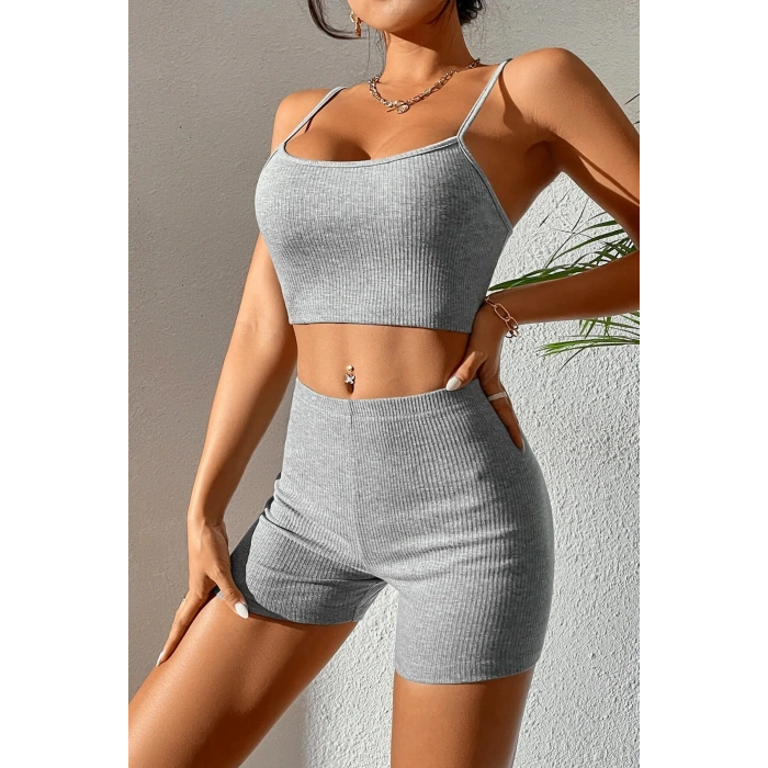 Kadın Gri Melanj Şortlu Kaşkorse Gecelik Takım