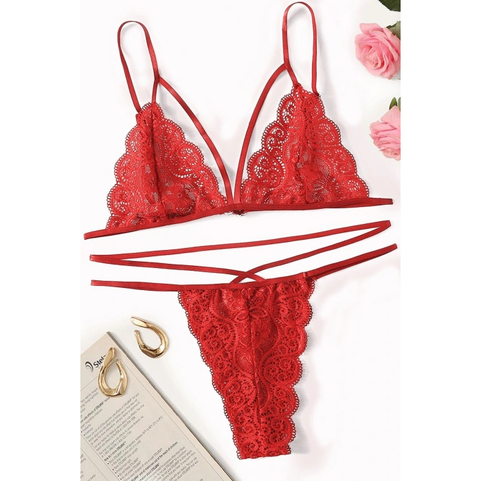 Kadın Kırmızı Dantel Sütyen Külot Takımı