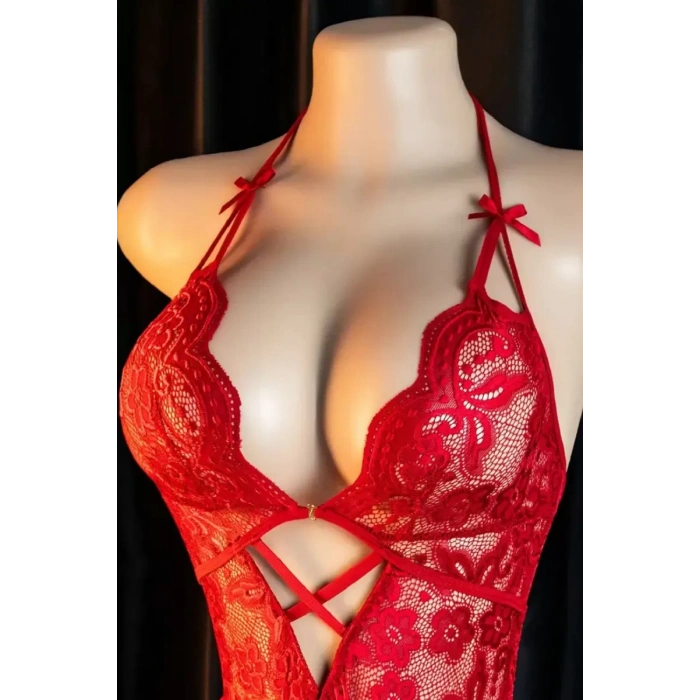 Kadın Kırmızı Dantel Ve Tül Detaylı Derin V Yaka Teddy Gecelik