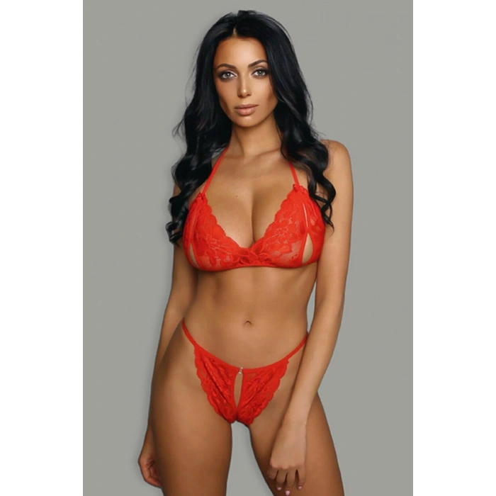 Kadın Kırmızı Dantelli Seksi Sütyen Takımı