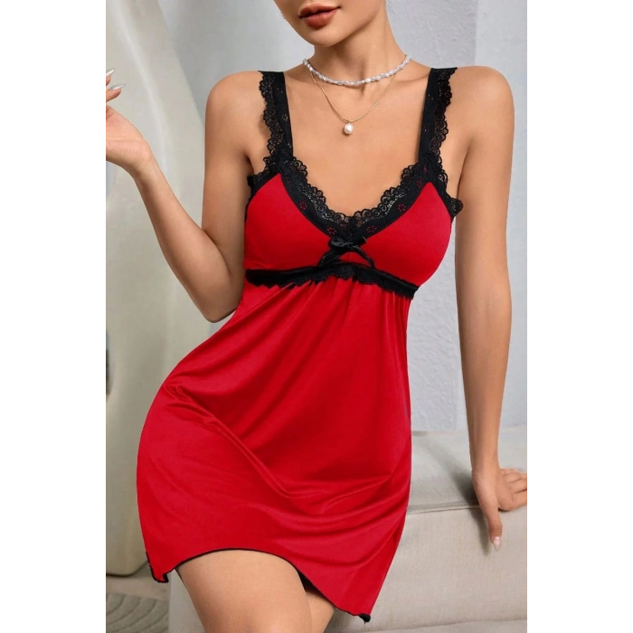 Kadın Kırmızı Fiyonk Detaylı Dantel Dokulu Şık Gece Takımı