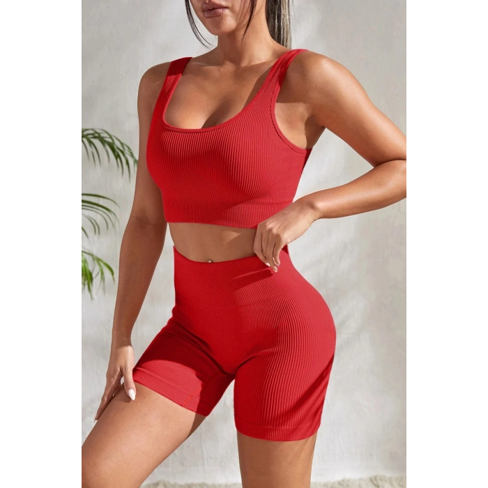 Kadın Kırmızı Kalın Askılı Yüksek Bel Şortlu Gecelik Takımı
