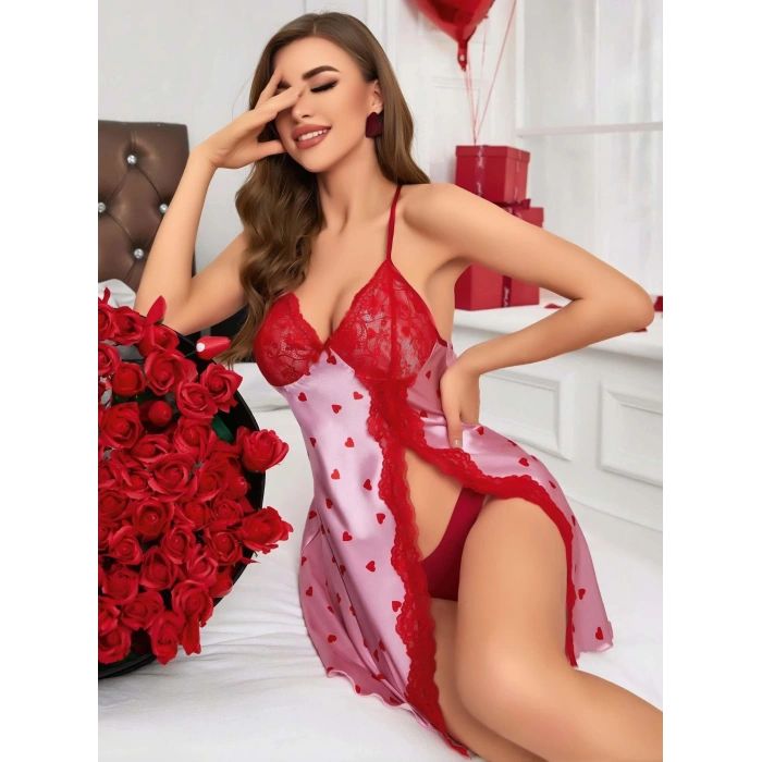 Kadın Kırmızı Kalp Desenli Saten Gecelik 2220