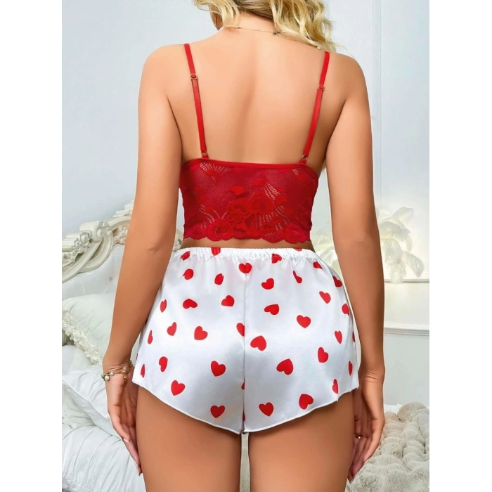Kadın Kırmızı Kalp Desenli Şortlu Askılı Dantel Detaylı Pijama Takımı