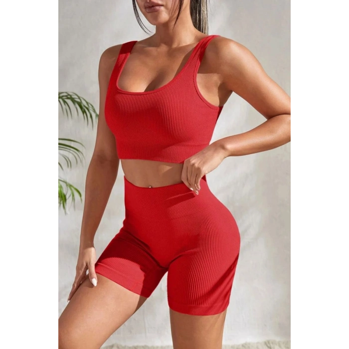 Kadın Kırmızı Kaşkorse Şortlu Crop Atlet Takım Esnek Kumaş Yüksek Bel