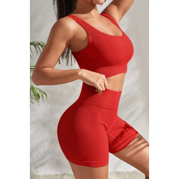 Kadın Kırmızı Kaşkorse Şortlu Crop Atlet Takım Esnek Kumaş Yüksek Bel