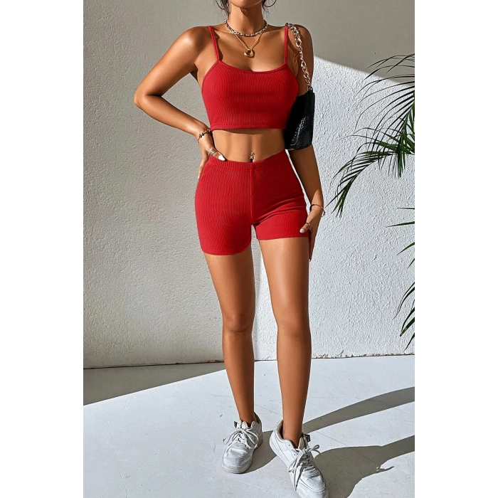 Kadın Kırmızı Şortlu Kaşkorse Gecelik Takım