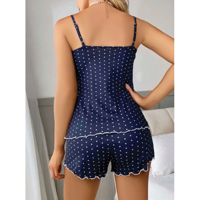Kadın Lacivert Beyaz Puantiyeli Dantel Detaylı Şortlu Gecelik Pijama Takımı Şık 2’li Set