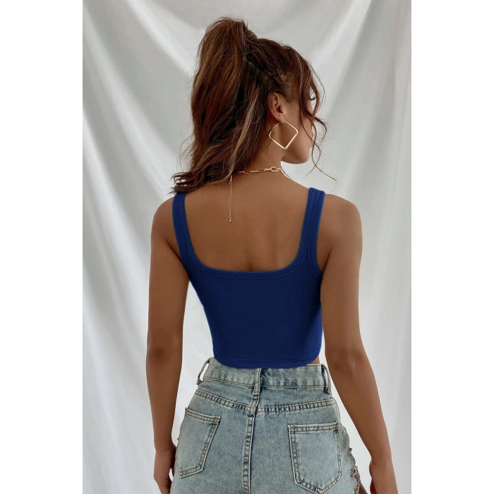 Kadın Lacivert Kalın Askılı Crop Top Büstiyer