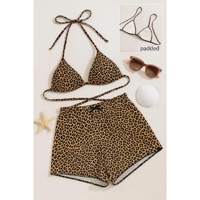Kadın Leopar Desenli Şortlu Belden Ve Boyundan Bağlamalı Bikini Takımı