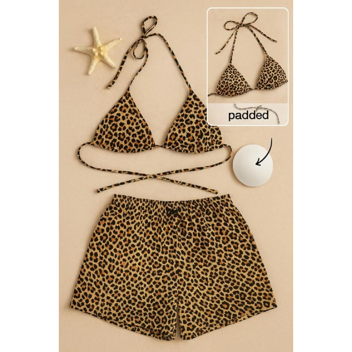Kadın Leopar Desenli Şortlu Belden Ve Boyundan Bağlamalı Bikini Takımı