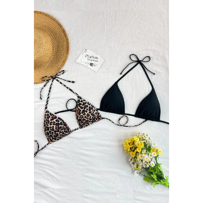 Kadın Leopar Desenli Ve Siyah Minimal Kesim Üçgen Bikini Üstü