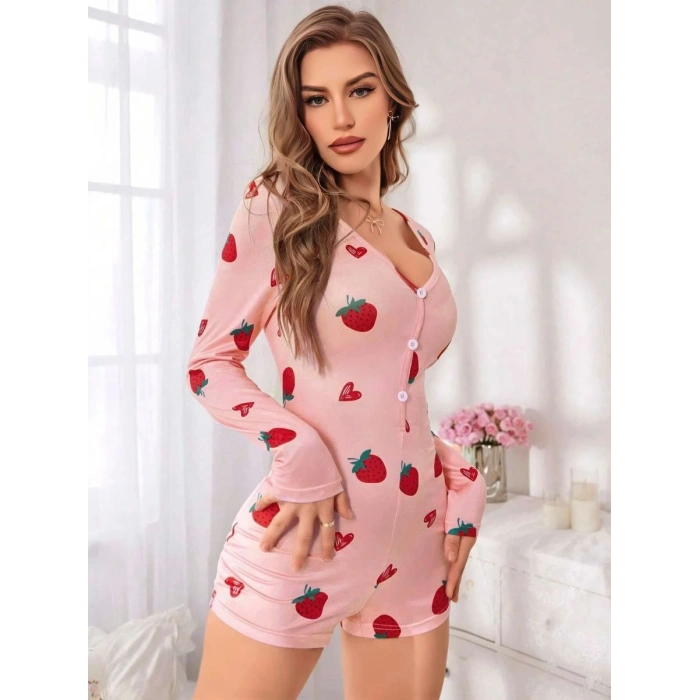 Kadın Pembe Çilek Desenli Pijama Tulumu Yumuşak Rahat Ev Giyimi Şık Özel Tasarım