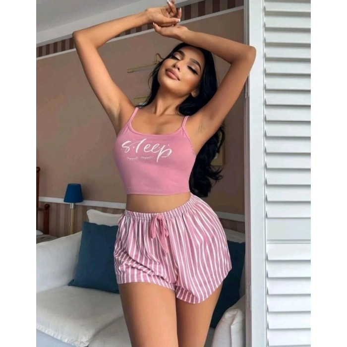 Kadın Pembe Çizgili Desen Askılı Şortlu Pijama Takımı Rahat Şık 2’li Set