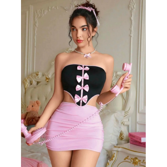 Kadın Pembe Etekli Fiyonk Detaylı Gece Elbisesi Şık Tasarım