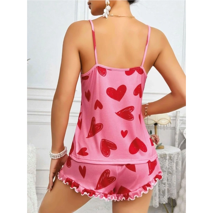 Kadın Pembe Kalp Baskılı Şortlu Gecelik Pijama Takımı Sevimli Rahat 2’li Set