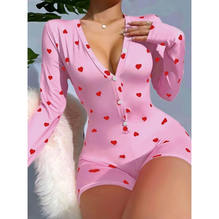 Kadın Pembe Kalp Desenli Zarif Pijama Tulumu Özel Tasarım