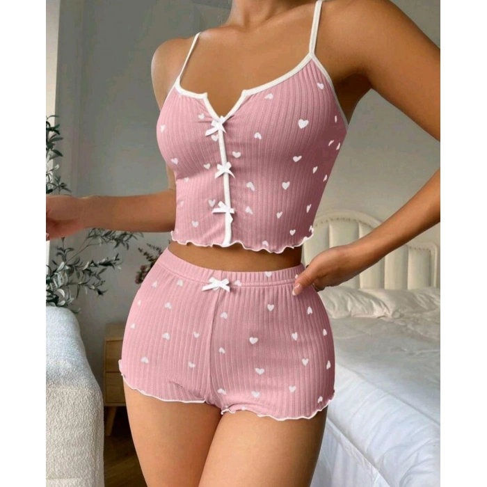 Kadın Pembe Kalpli Askılı Şortlu Pijama Takım 6654