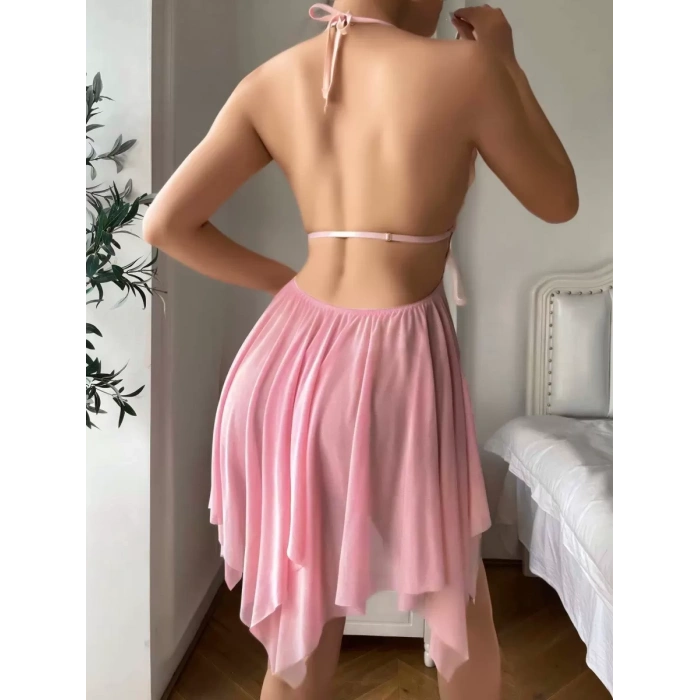 Kadın Pembe Kelebek Detaylı Tül Şık Tasarım Gecelik