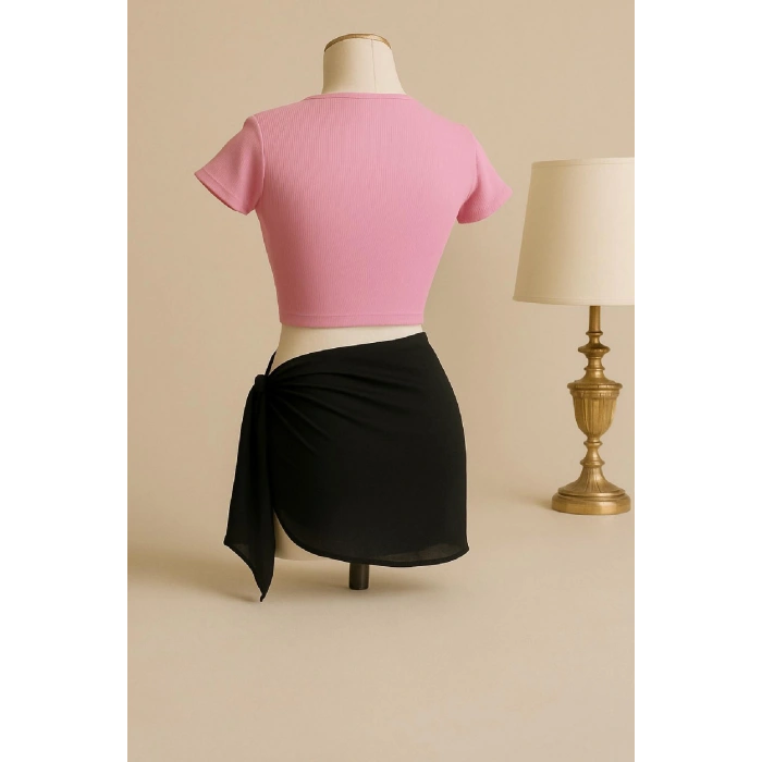 Kadın Pembe Yarım Kol Crop Ve Siyah Pareo 2li Set