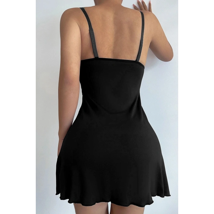 Kadın Siyah Askılı Beli Dantelli Göğsü Fiyonklu Şık Gecelik