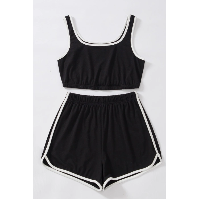 Kadın Siyah Askılı Crop Top Ve Şortlu Gecelik Takım