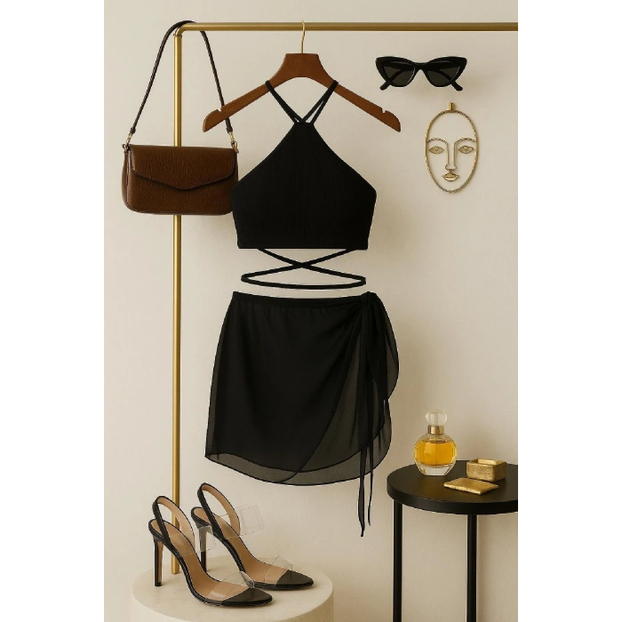 Kadın Siyah Çapraz Bağlamalı Crop Ve Pareo 2li Set