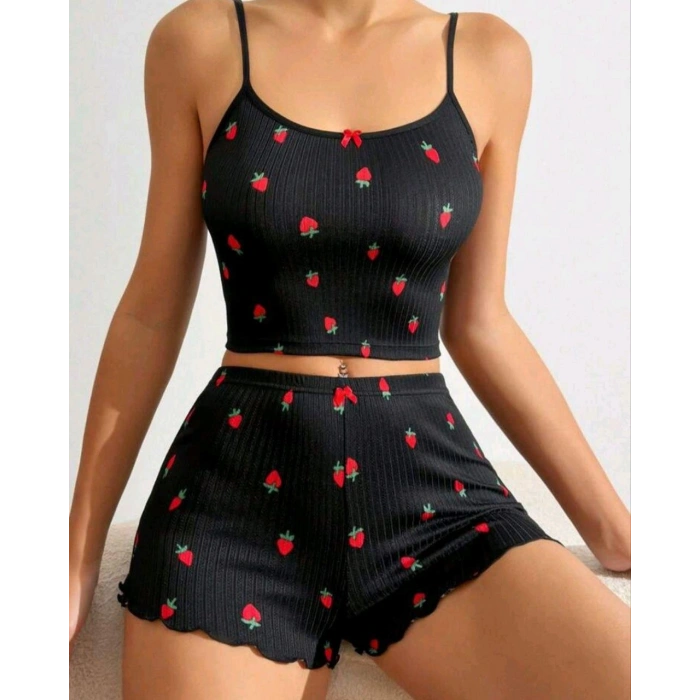 Kadın Siyah Çilek Desenli Seksi Gecelik Takım 6644