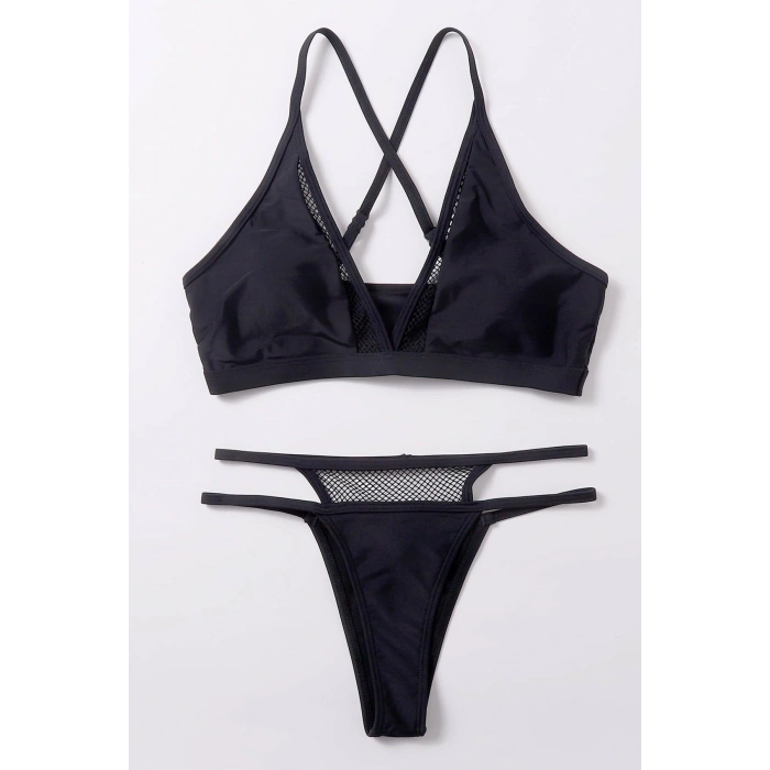 Kadın Siyah File Detaylı Özel Bikini Takımı