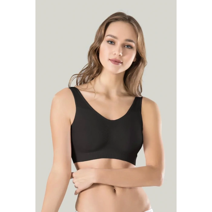 Kadın Siyah Kalın Askılı Çıkarılabilir Pedli Örme Seamless Dikişsiz Basic Büstiyer