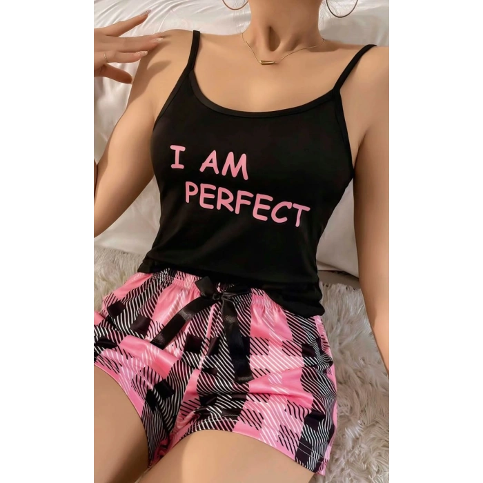 Kadın Siyah Kare Desenli Askılı Şortlu Pijama Takımı Rahat Şık 2’li Set